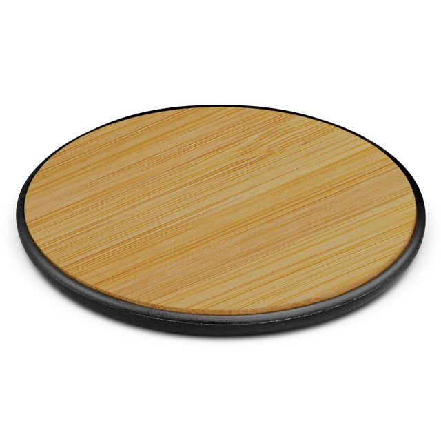 Eco-friendly Bamboo Wireless Charger in natural and black, designed for stylish, convenient device charging.