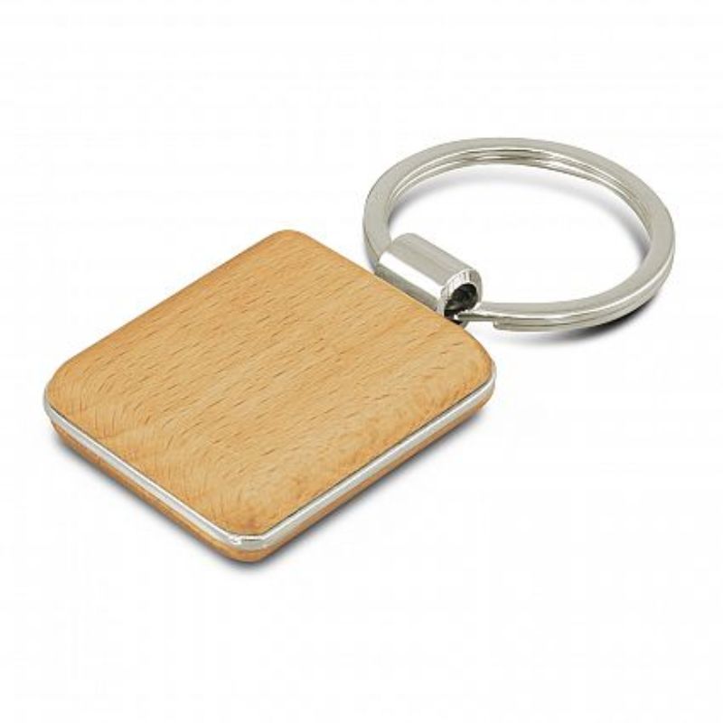 Set of 12 square key rings in natural beech wood with elegant metal trim, measuring 40mm x 40mm, eco-friendly and customizable.
