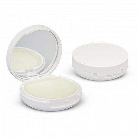Compact white mirror with lip balm set, ideal for touch-ups and hydration, perfect for gifts or promotional items.