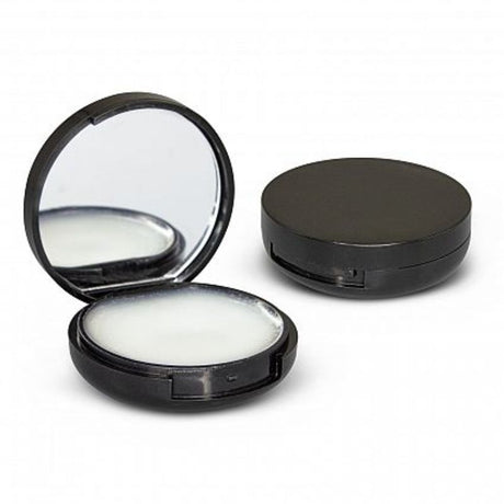 Elegant black compact mirror with lip balm set, stylish and practical for on-the-go beauty, ideal for gifts and favors.