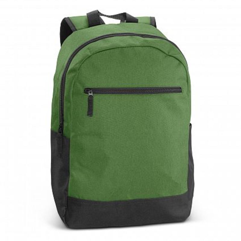 "Set of 3 green Corolla Backpacks featuring durable fabric, padded laptop sleeve, multiple pockets, and adjustable straps."