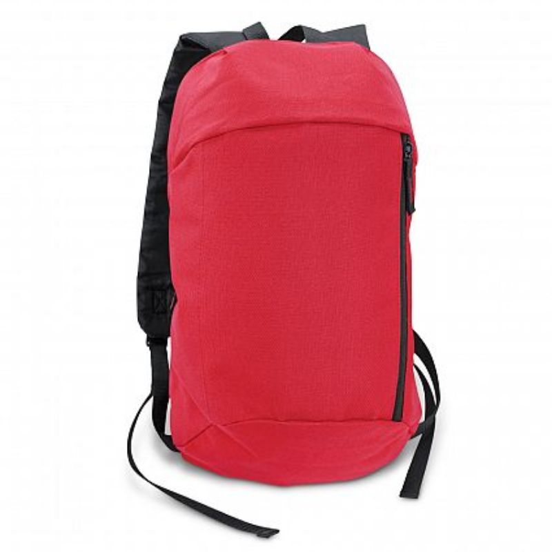 Set of 12 red compact backpacks, durable polyester, adjustable straps, zippered pockets, ideal for travel or group use.