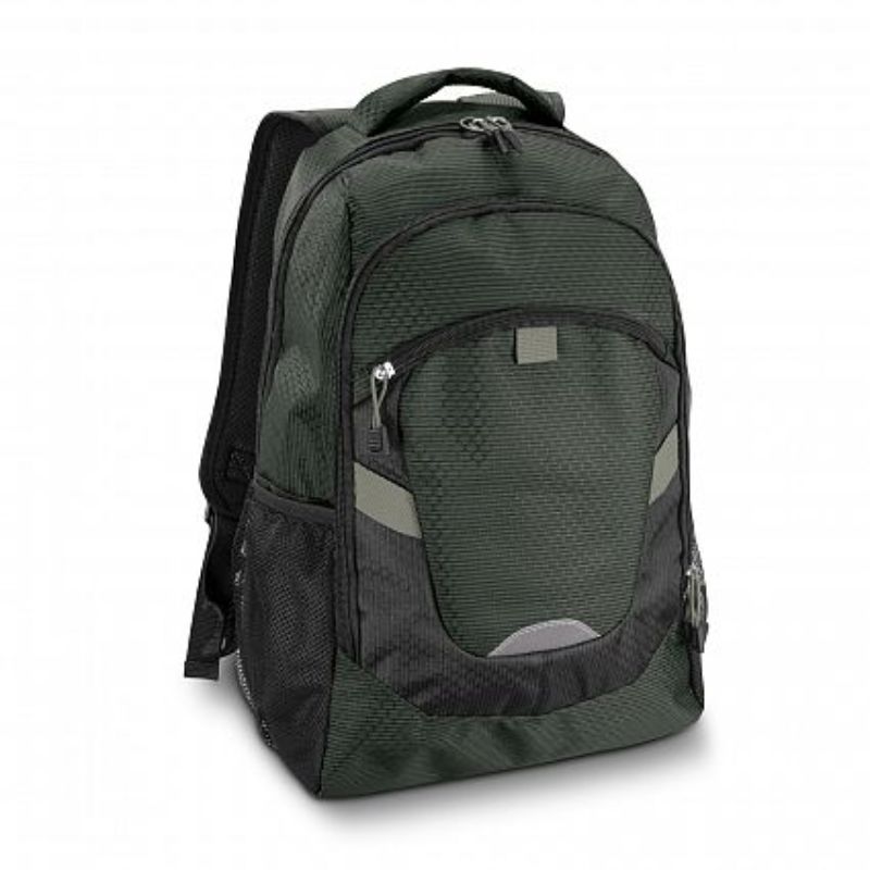 Stylish grey Summit Backpack featuring durable fabric, padded laptop sleeve, and multiple compartments for convenience.