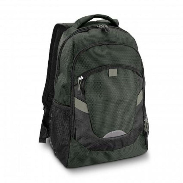 Stylish grey Summit Backpack featuring durable fabric, padded laptop sleeve, and multiple compartments for convenience.
