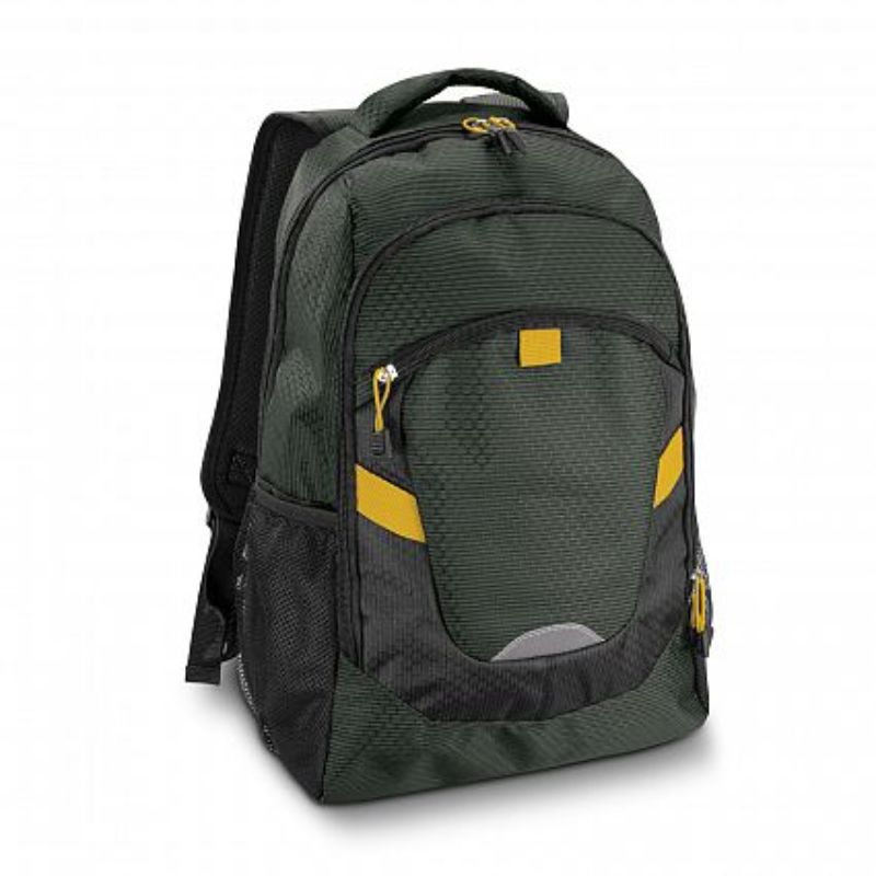 Vibrant yellow Summit Backpack with padded laptop sleeve, multiple compartments, and breathable straps, perfect for adventure and daily use.