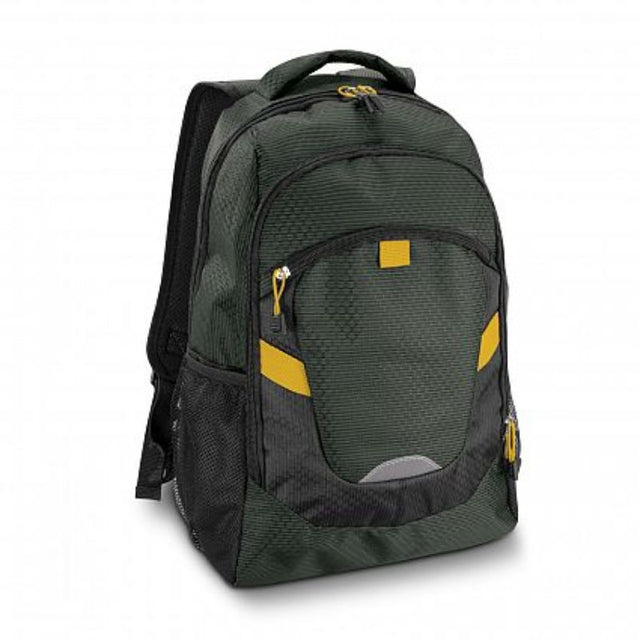 Vibrant yellow Summit Backpack with padded laptop sleeve, multiple compartments, and breathable straps, perfect for adventure and daily use.