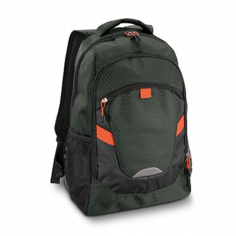 Bright orange Summit Backpack, featuring durable materials, padded laptop sleeve, and multiple compartments for outdoor or daily use.