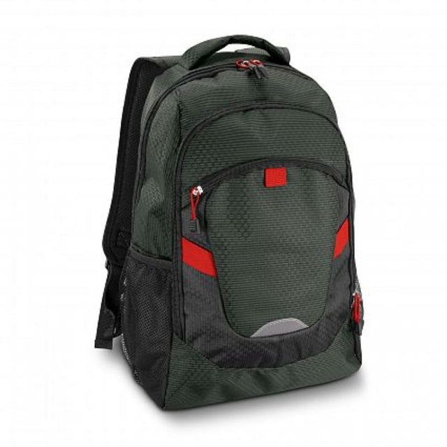 Vibrant red Summit Backpack with padded laptop sleeve, adjustable straps, and dual external compartments for organized travel.