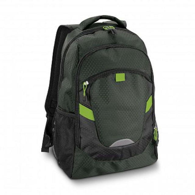 Green Summit Backpack featuring a spacious main compartment, padded laptop sleeve, adjustable straps, and multiple pockets for organization.