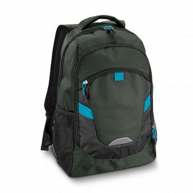 Light blue Summit Backpack featuring padded laptop sleeve, durable materials, and multiple compartments for school and travel.