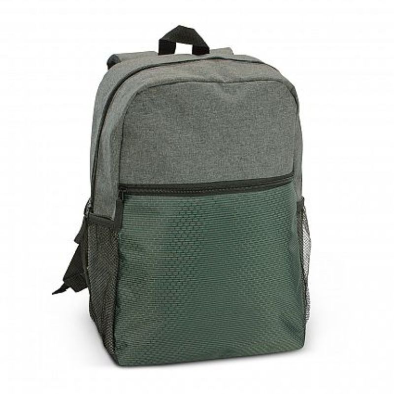 Set of three stylish grey Velocity Backpacks with padded laptop sleeve, zippered pockets, and adjustable shoulder straps.