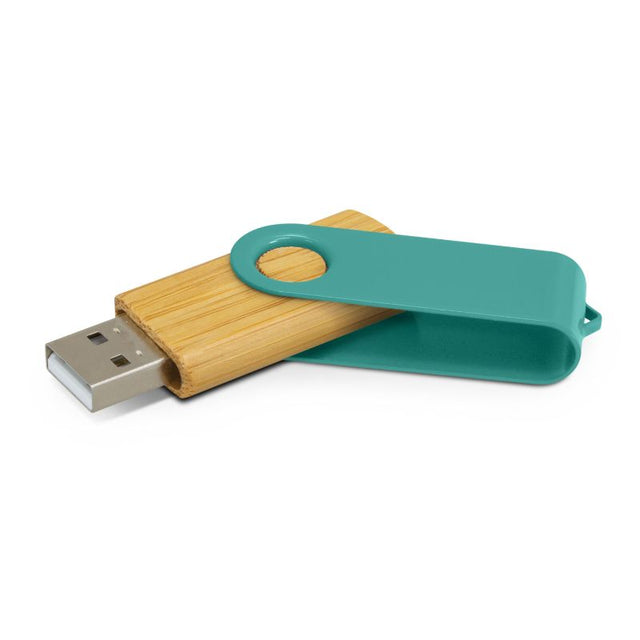 Set of 6 teal Helix 4GB Bamboo Flash Drives, eco-friendly with USB 2.0 for fast data transfer.