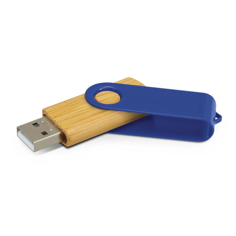 Eco-friendly dark blue Helix 4GB Bamboo Flash Drive set of 6, featuring a natural bamboo case for stylish data storage.
