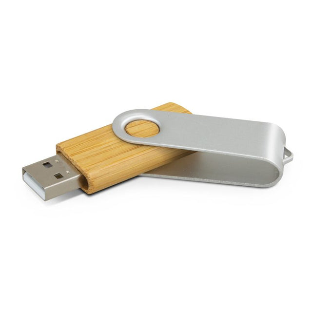 Set of 6 eco-friendly Helix 4GB bamboo flash drives in silver with metal swivel design, perfect for portable data storage.