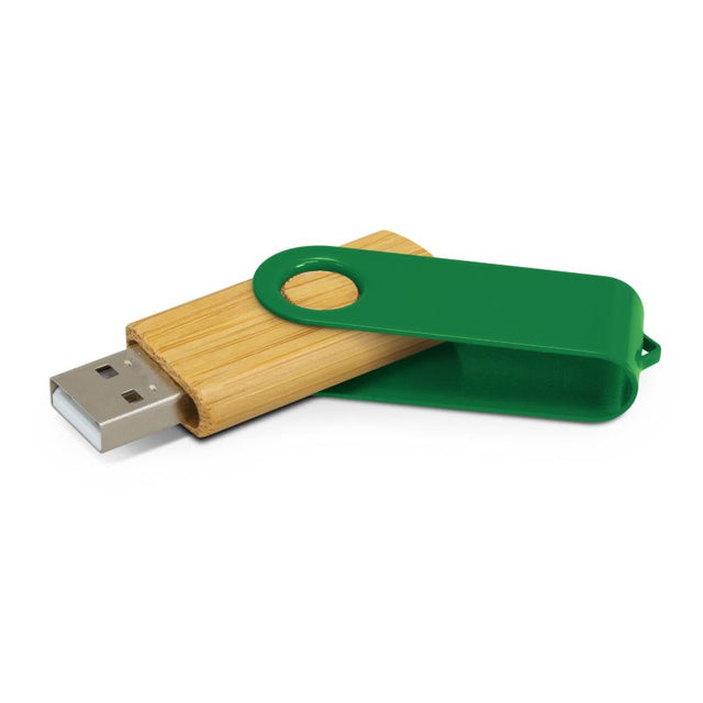 Set of 6 eco-friendly 4GB dark green bamboo flash drives with metal swivel design for secure data storage.