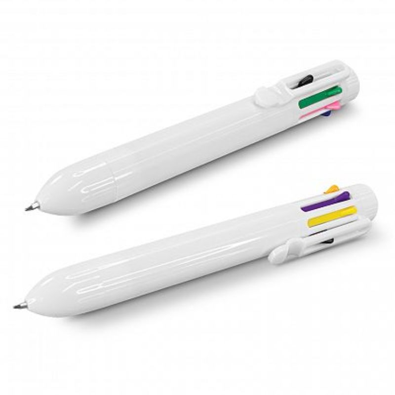 Set of 50 versatile retractable white multi pens with eight vibrant ink colors and 500 meters of smooth writing.
