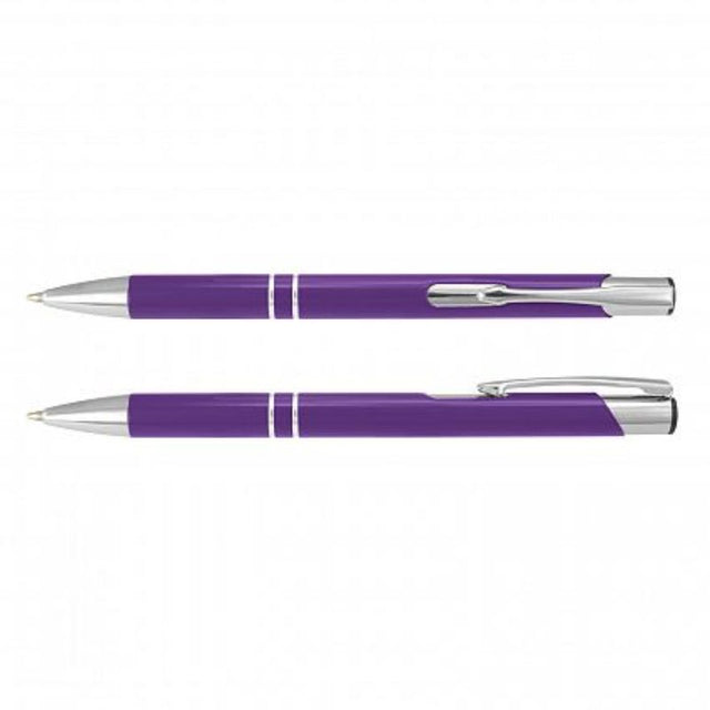 Set of 50 purple retractable aluminium pens with chrome accents, perfect for corporate branding and giveaways.