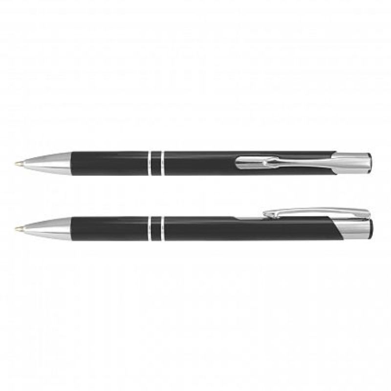 Set of 50 sleek black retractable aluminium ball pens with chrome accents, ideal for corporate branding and events.