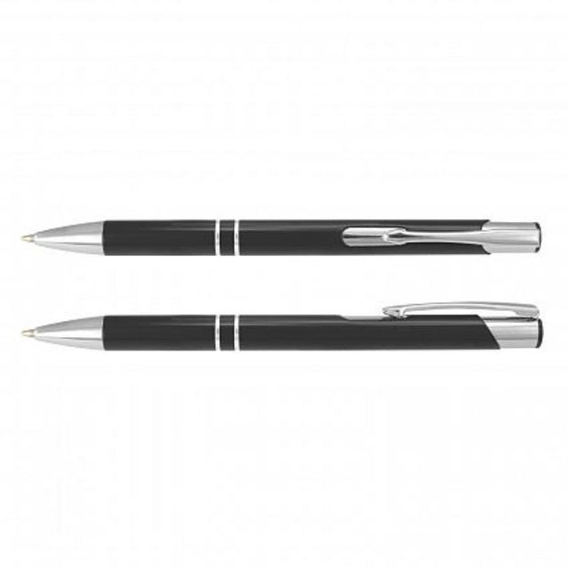 Set of 50 sleek black retractable aluminium ball pens with chrome accents, ideal for corporate branding and events.
