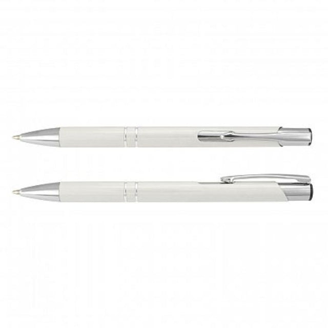 Panama Pen set of 50, retractable white aluminium ball pens with chrome accents and 1200 meters of black ink.