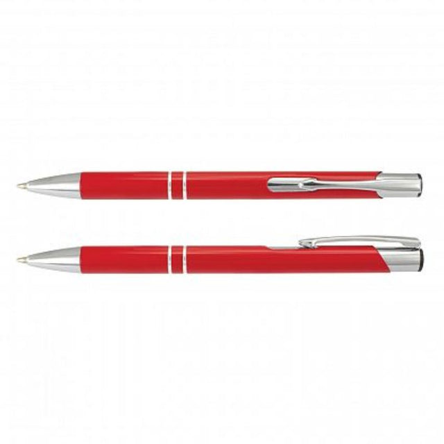 Set of 50 sleek corporate red Panama Pens with chrome accents and 1200m black ink refill for stylish branding.
