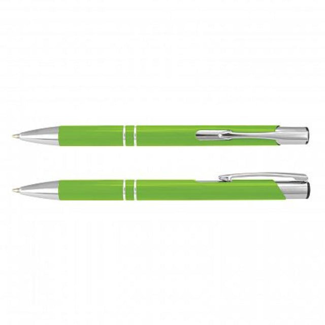 Set of 50 bright green Panama Pens featuring sleek aluminum bodies and chrome accents, ideal for corporate branding and giveaways.