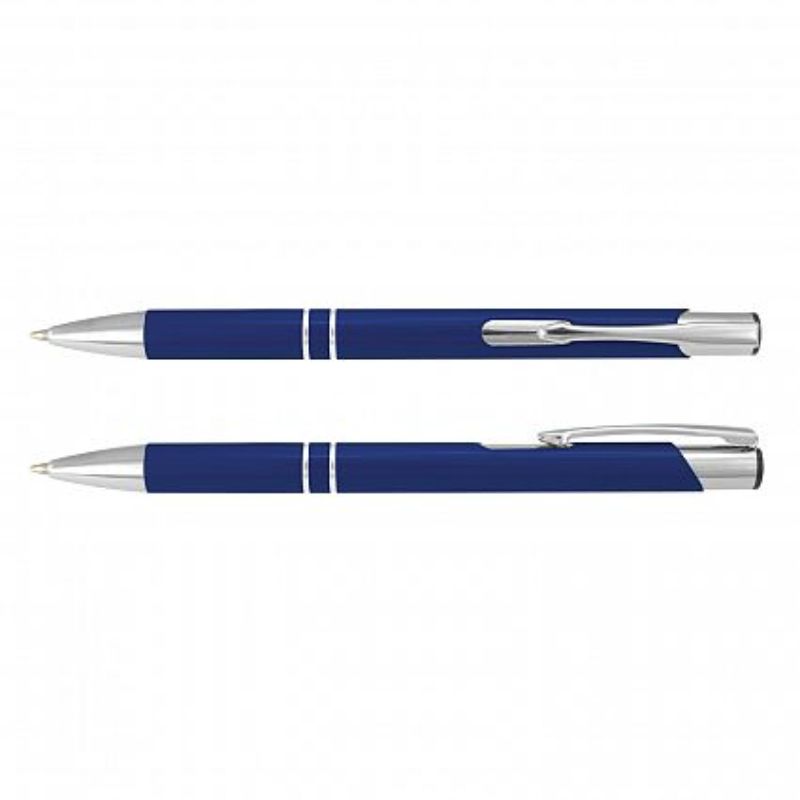 Dark blue retractable aluminium ball pen with chrome accents, set of 50, ideal for corporate branding and events.