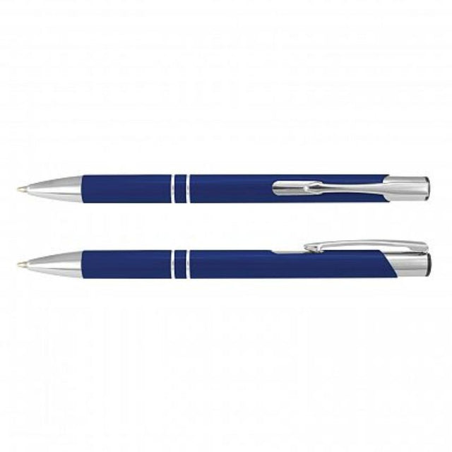 Dark blue retractable aluminium ball pen with chrome accents, set of 50, ideal for corporate branding and events.