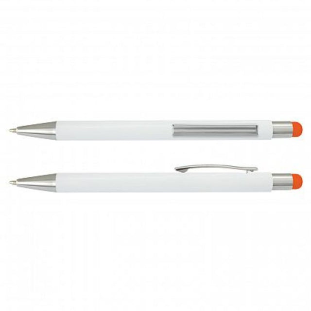 Retractable stylus pens with white barrel and orange accents, ideal for promotional use and tech-savvy users, set of 50.