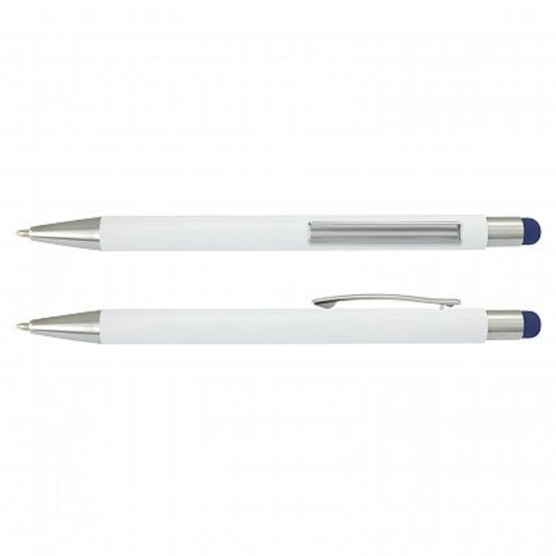 Lancer Stylus Pen set of 50, featuring a sleek white barrel with dark blue accents, designed for writing and touch screen use.