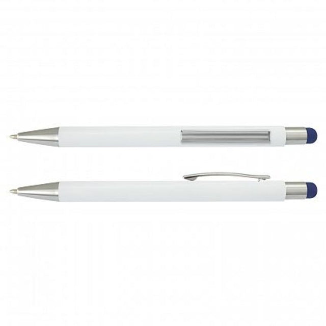 Lancer Stylus Pen set of 50, featuring a sleek white barrel with dark blue accents, designed for writing and touch screen use.