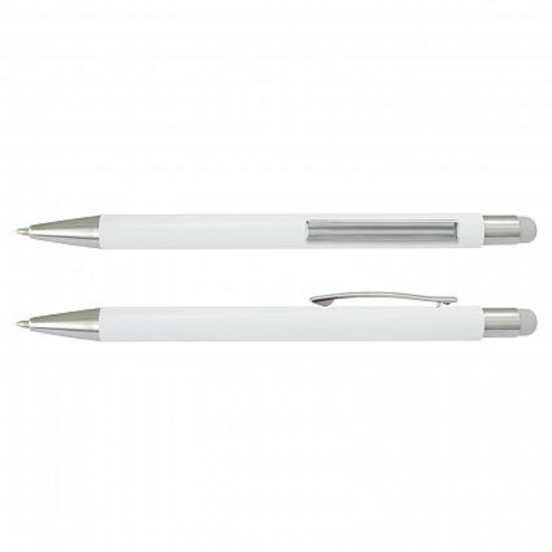 Set of 50 white Lancer Stylus Pens featuring retractable aluminum, precision stylus tip, and chrome accents for style and functionality.
