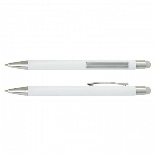 Set of 50 white Lancer Stylus Pens featuring retractable aluminum, precision stylus tip, and chrome accents for style and functionality.