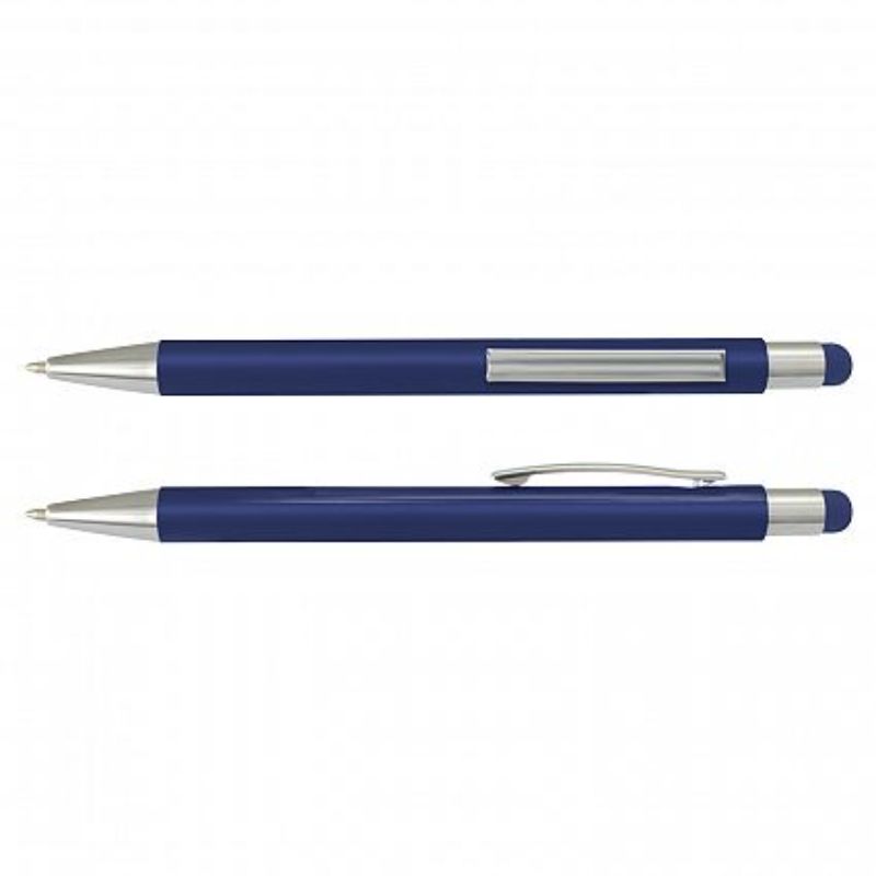 Dark blue retractable stylus pen set of 50, featuring a sleek aluminum body and chrome accents, ideal for writing and touch screens.