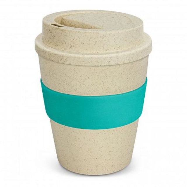 Set of 12 eco-friendly 350ml reusable coffee cups in natural and teal, made from rice husk fiber and BPA-free polypropylene.