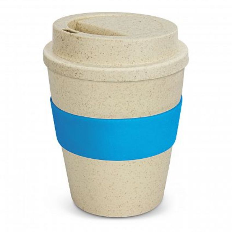 Set of 12 eco-friendly 350ml natural and light blue reusable coffee cups with secure lids and silicone bands.