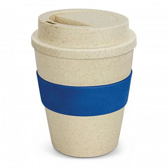 Set of 12 eco-friendly 350ml coffee cups, made from rice husk and polypropylene, with screw-on lid and silicone band.
