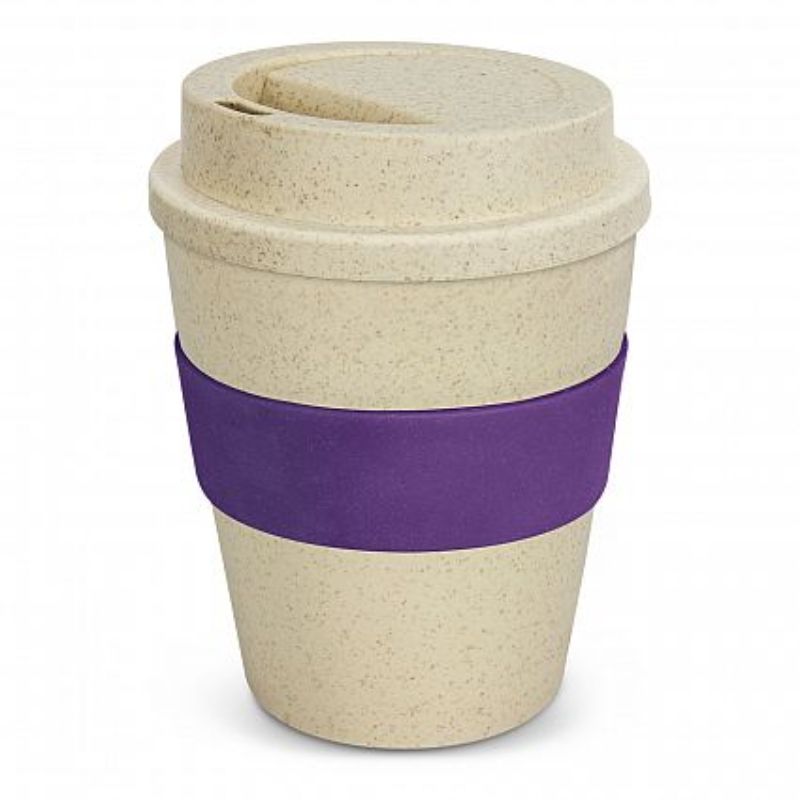 Eco-friendly 350ml reusable coffee cups in natural and purple, featuring a secure lid and silicone band for hot drinks. Set of 12.