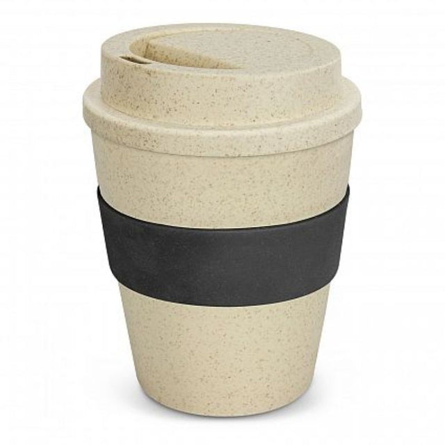 Set of 12 eco-friendly 350ml reusable coffee cups in natural and black, made from rice husk fibre and BPA-free polypropylene.