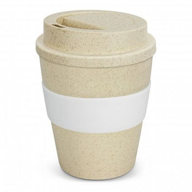 Set of 12 eco-friendly 350ml coffee cups in natural/white, made from rice husk fiber, includes secure lids and silicone bands.