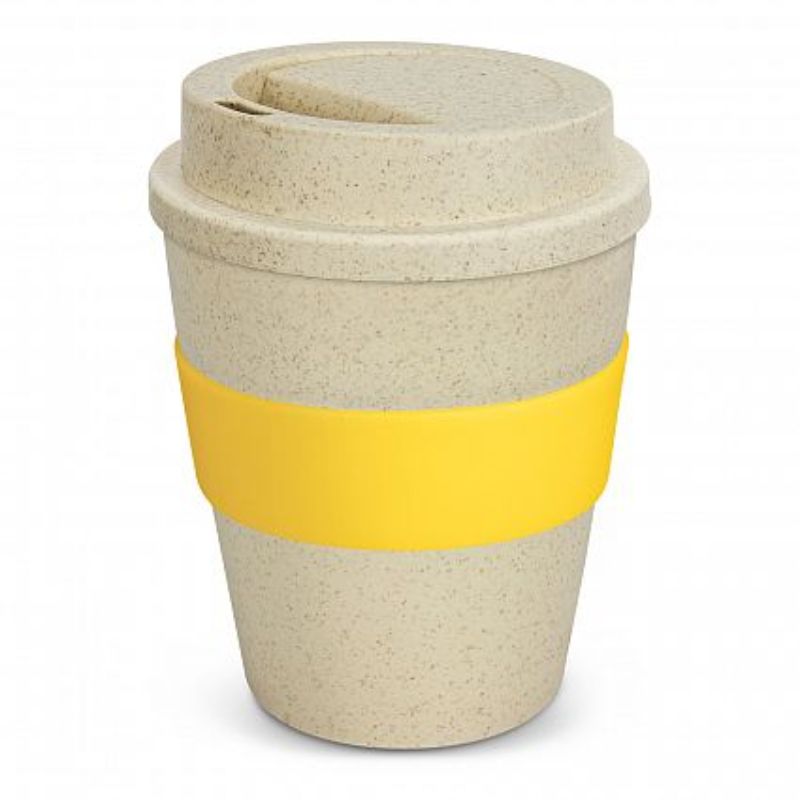 Set of 12 eco-friendly 350ml coffee cups in natural/yellow, made from rice husk fiber and BPA-free polypropylene.