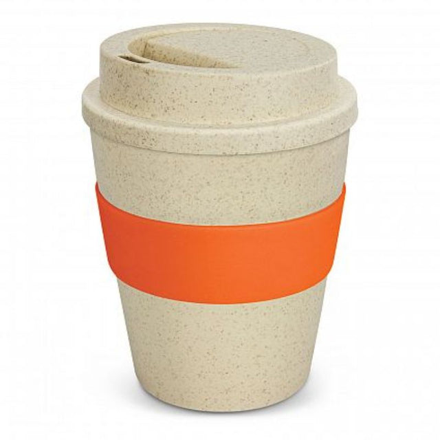 Set of 12 eco-friendly 350ml cups in natural and orange, made from rice husk fiber and BPA-free polypropylene.