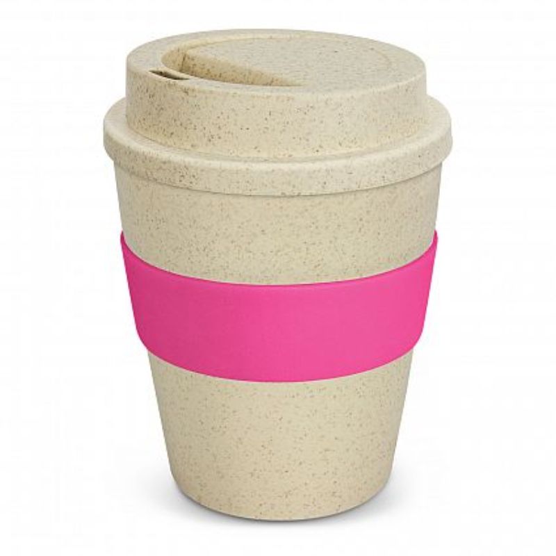 Set of 12 eco-friendly 350ml reusable coffee cups featuring natural rice husk fiber and a pink silicone band.