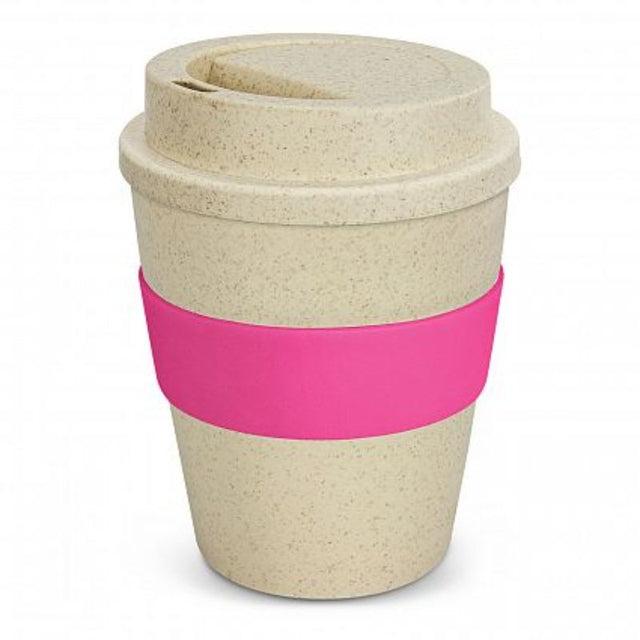 Set of 12 eco-friendly 350ml reusable coffee cups featuring natural rice husk fiber and a pink silicone band.