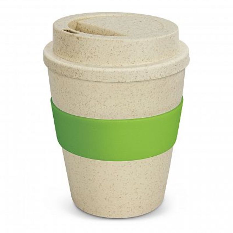 Set of 12 eco-friendly 350ml reusable coffee cups in bright green, made from rice husk fibre and BPA-free polypropylene.