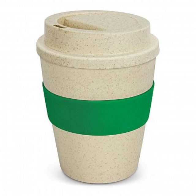 Set of 12 eco-friendly 350ml reusable coffee cups in natural and dark green made from rice husk and BPA-free polypropylene.