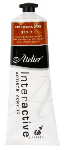 Atelier 80ml Raw Sienna Dark acrylic paint, featuring rich color and versatile controlled drying for seamless blending.