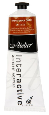 Atelier 80ml Raw Sienna Dark acrylic paint, featuring rich color and versatile controlled drying for seamless blending.