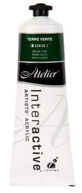 A bottle of Atelier 80ml Terre Verte acrylic paint, a versatile green pigment for innovative painting techniques.
