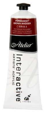 Acrylic paint tube in rich Permanent Brown Madder, perfect for versatile blending and controlled drying techniques.